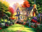 Dom, Kolorowe, Drzewa, Krzewy, Kwiaty, Obraz