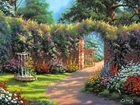 Ogród, Mur, Brama, Kwiaty