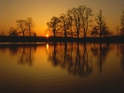 Jezioro, Drzewa, Zachód Słońca, Odbicie