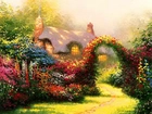 Ogród, Dom, Kwiaty, Thomas Kinkade
