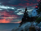 Latarnia, Morska, Morze, Zachód Słońca, Bass Harbor, Maine