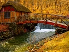 Rzeka, Wodospad, Mostek, Jesień