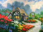 Dom, Ogród, Kwiaty, Alejka, Reprodukcje Obrazów