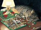 Kot, Puzzle, Lampa, Boże, Narodzenie