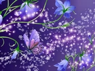 Niebieskie, Kwiaty, Motyl, Art