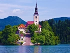 Kościół, Jezioro, Góry, Bled, Słowenia