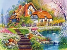 Dom, Ogród, Schody, Staw, Kwiaty