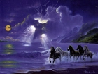 Konie, Morze, Plaża, Noc, Księżyc