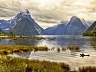 Jezioro, Góry, Chmury, Milford Sound, Nowa Zelandia