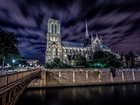 Noc, Katedra, Notre Dame, Paryż, Francja