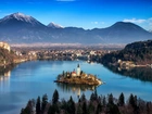 Góry, Jezioro, Wyspa, Bled, Słowenia