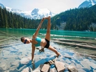 Kobieta, Gimnastyka, Jezioro, Las, Góry