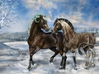 Drzewa, Konie, Śnieg, Obraz