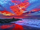 Czerwone, Chmury, Morze, Plaża