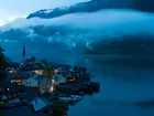 Jezioro, Chmury, Zabudowania, Noc, Hallstatt, Austria