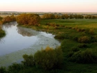 Rzeka, Łąki, Pola, Drzewa, Panorama, Jesień
