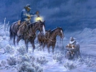 Obraz, Larry Fanning, Jeźdźcy, Kowboje, Konie, Zima