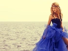 Blondynka, Modelka, Niebieska, Sukienka, Morze