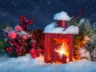 Lampion, Śnieg, Gałązki, Ozdoby, Boże Narodzenie