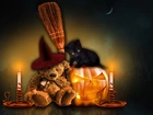 Halloween, Kot, Miś, Świece, Dynia