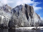 Góry, Rzeka, Drzewa, Zima, El Capitan, Yosemite, Kalifornia