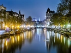 Amsterdam, Nocą, Kamienice, Kanał, Most, Łódki