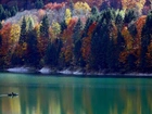 Jezioro, Łódka, Lasy, Kolorowe, Drzewa, Jesień