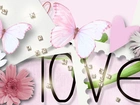 Napis, Love, Kwiaty, Motyle