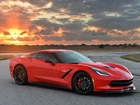 Chevrolet, Corvette C7, Sportowy, Droga, Zachód, Słońca