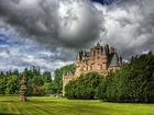 Zamek, Glamis, Park, Ciemne, Chmury, Szkocja