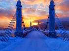 Most, Rzeka, Zima, Śnieg, Zachód Słońca