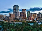 Calgary, Panorama, Miasta, Rzeka, Bow, Chmury, Drzewa