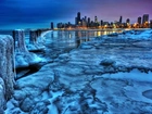 Panorama, Chicago, Nocą, Jezioro, Michigan, Lód