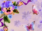 Grafika, Motyle, Biedronka, Kwiaty