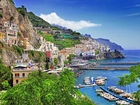 Włochy, Positano, Morze, Hotele, Góry, Łodzie, Zdjęcie miasta, Wybrzeże, Z lotu ptaka