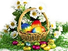 Wielkanoc, Koszyczek, Jajka, Pisanki, Kwiaty, Zieleń