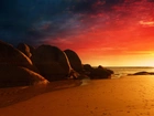 Zachód słońca, skały, plaża