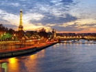 Paryż, Wieża Eiffla, Most, Rzeka, Ulice, Lampy, Oświetlenie