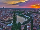 Domy, Rzeka, Zachód, Słońca, Verona, Panorama, Miasta, Włochy