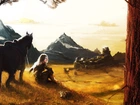 Obraz, Góry, Dziewczyna, Koń, Zabudowania