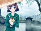 Dziewczyna, Parasol, Deszcz, Niebo, Park, Miasto, Manga, Anime