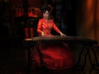 Dziewczyna, Czerwona, Sukienka, Muzyka, Instrument