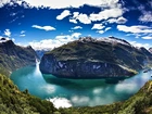 Morze, Geirangerfjord, Góry, Statki, Roślinność