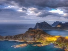 Lofoten, Archipelag, Domy, Chmury, Norwegia