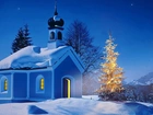 Zima, Śnieg, Cerkiew, Oświetlona, Choinka