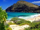 Góry, Morze, Plaża, Roślinność, Oahu, Hawaje