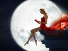 Grafika, Księżyc, Kobieta, Czerwona, Sukienka, Książka