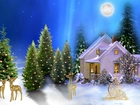 Boże, Narodzenie, Zima, Śnieg, Domy, Choinki, Ozdoby
