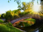 Park, Rzeka, Most, Drzewa, Promienie Słońca