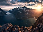 Grenlandia, Góry, Morze, Wschód Słońca